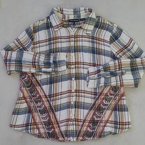 Tolani Collection Boho Embroidered Plaid Shirt XL Button Up Festival Western